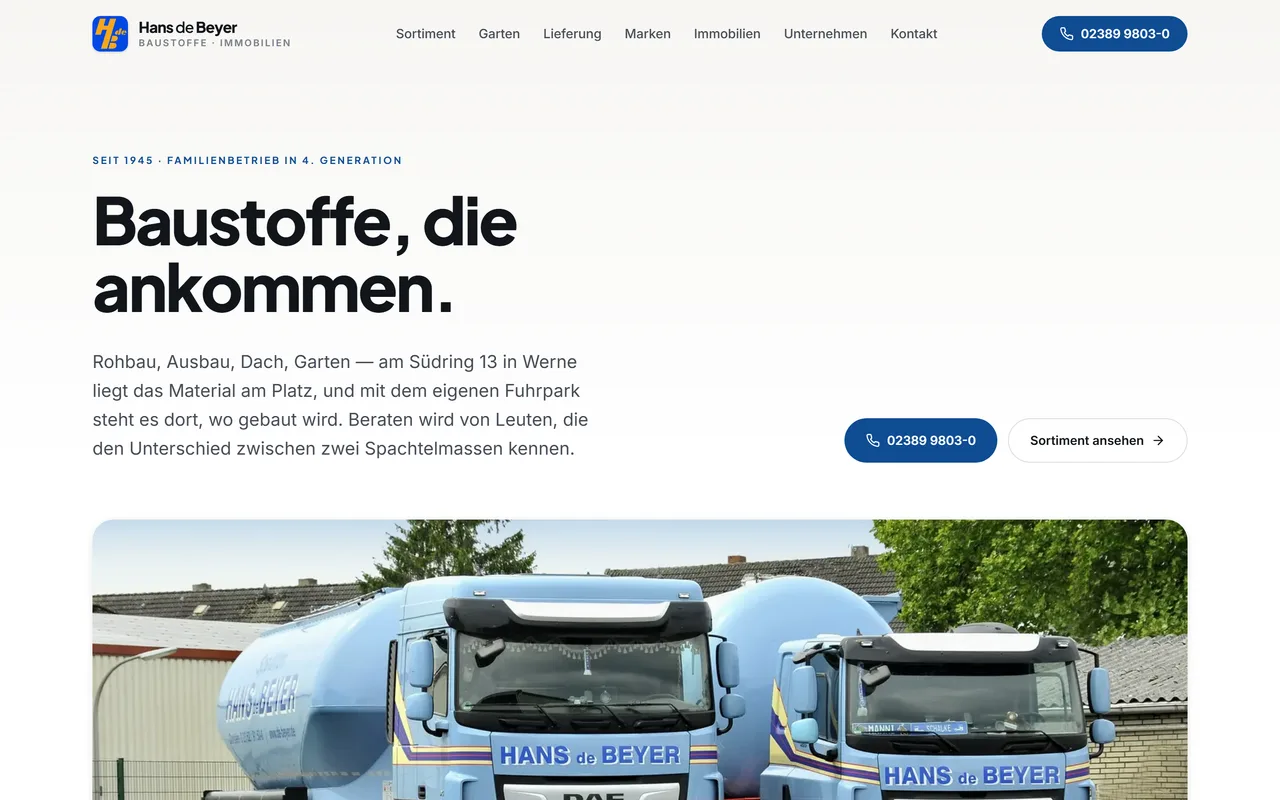Website-Vorschau: Baustoffhandel mit Fuhrpark und Lagerplatz