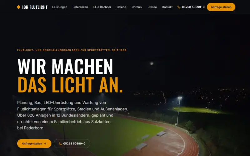 Website-Entwurf: Flutlichtanlagen für Sportstätten