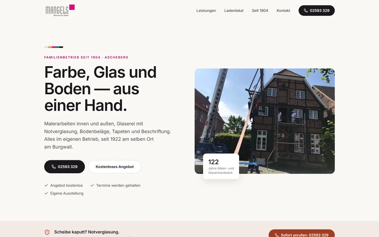 Website-Vorschau: Malerbetrieb mit Glaserei und Bodenverlegung