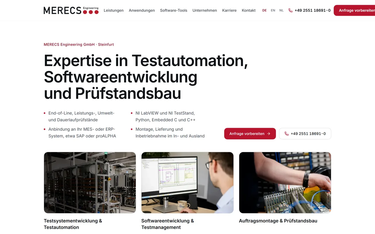 Website-Vorschau: Prüfstandsbau in drei Sprachen