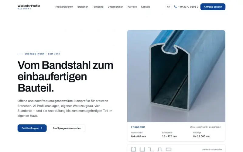 Website-Entwurf für Stahlprofile