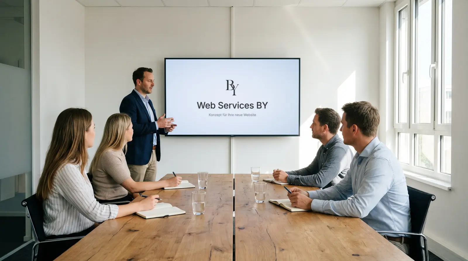 Symbolbild: Vorstellung eines Website-Entwurfs an einem Holztisch