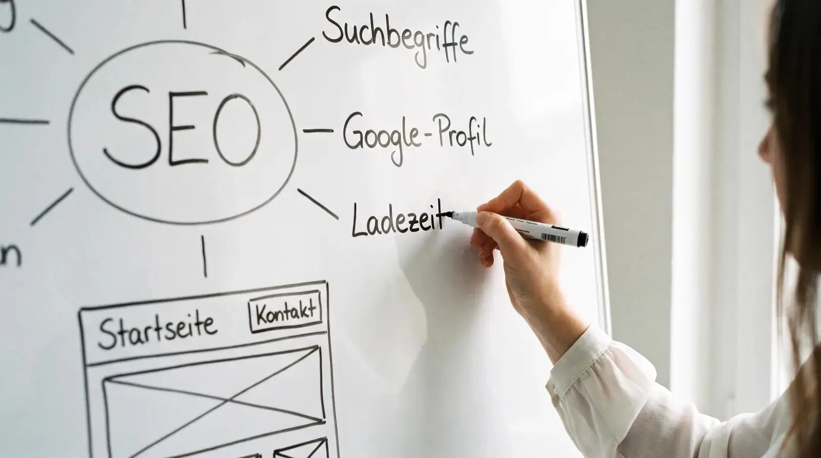 Symbolbild: Whiteboard mit Suchbegriffen, Google-Profil und Ladezeit rund um das Wort SEO