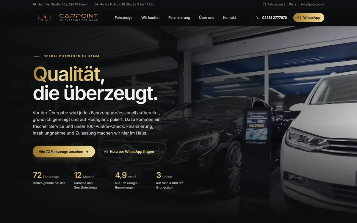 Website eines Autohandels mit Fahrzeugbestand, Startseite