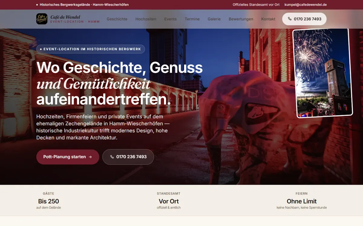 Entwurf einer Website für eine Eventlocation in einer ehemaligen Zeche, Startseite