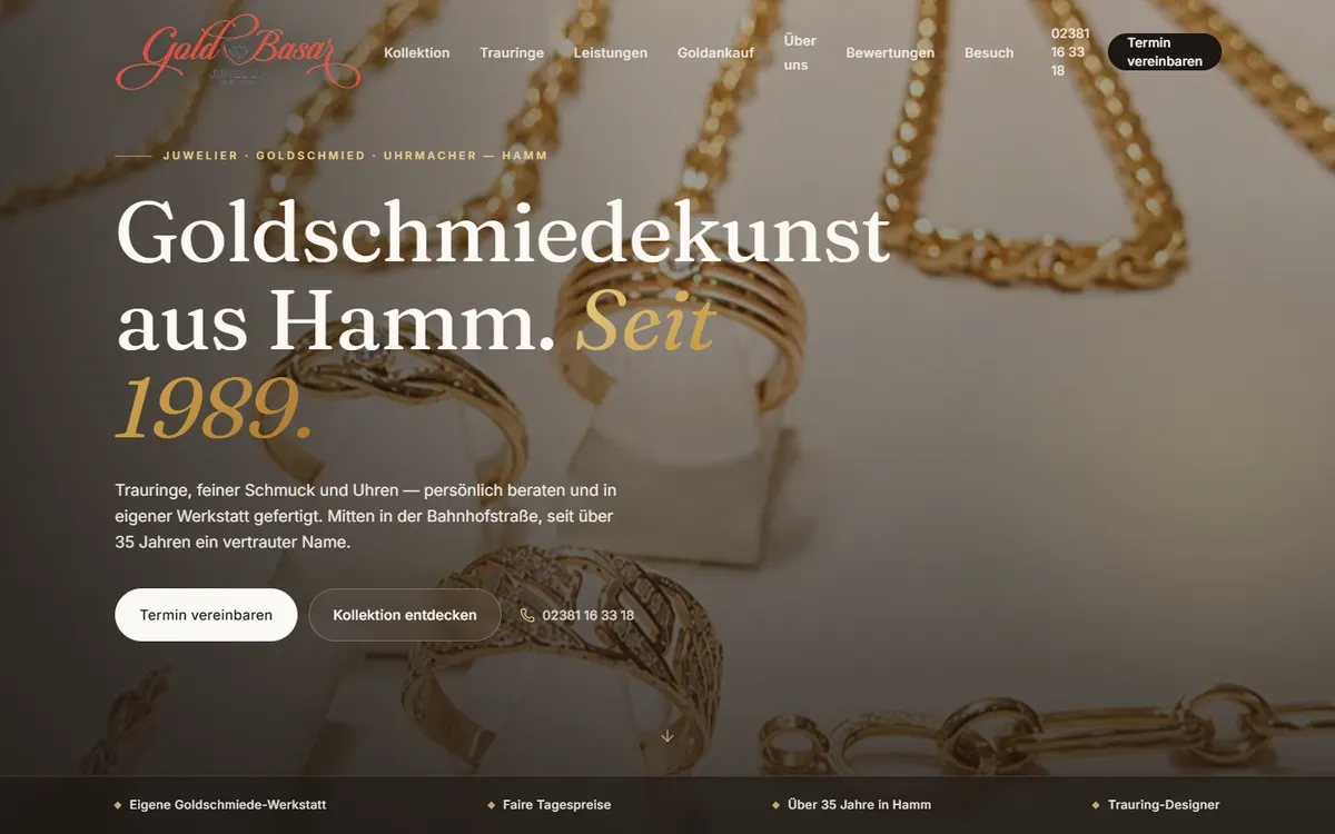Entwurf einer Website für einen Juwelier mit Goldschmiede, Startseite