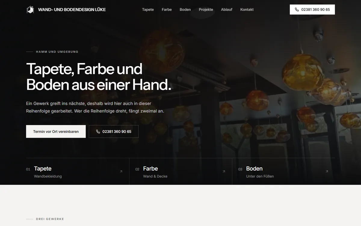 Website eines Malerbetriebs für Tapete, Farbe und Boden, Startseite